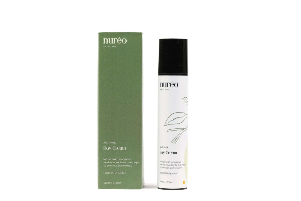 GlowGuard Anti-Aging Cream in a hand against a green background.