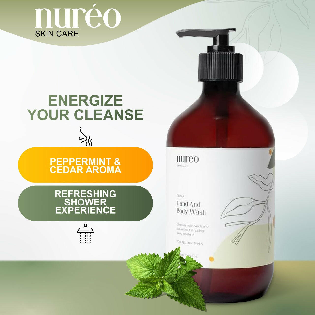 Nureo Cedar Hand & Body Wash - Refreshing Peppermint, Hydrating Formula, 490ml