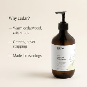 Why cedar: warm cedarwood and crisp mint, creamy never stripping, made for evenings