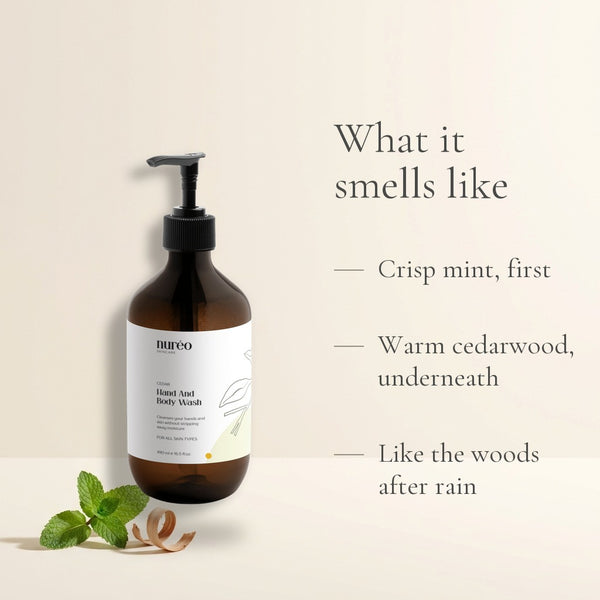 What nuréo Cedar Hand & Body Wash smells like: crisp mint first, warm cedarwood underneath, like the woods after rain
