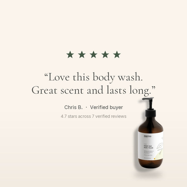 Five star verified customer review of nuréo Cedar Hand & Body Wash, 4.7 stars across 7 reviews