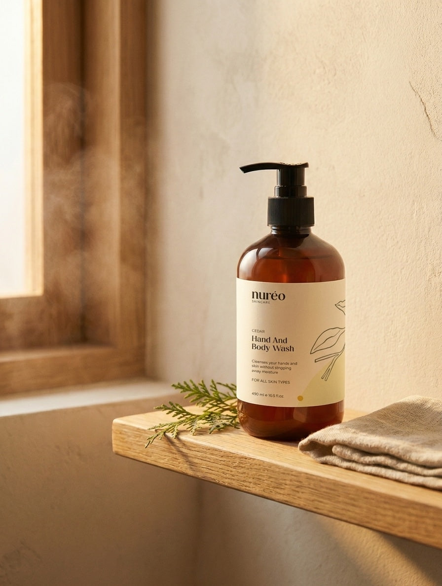 nuréo Cedar Hand & Body Wash on a wooden bath shelf