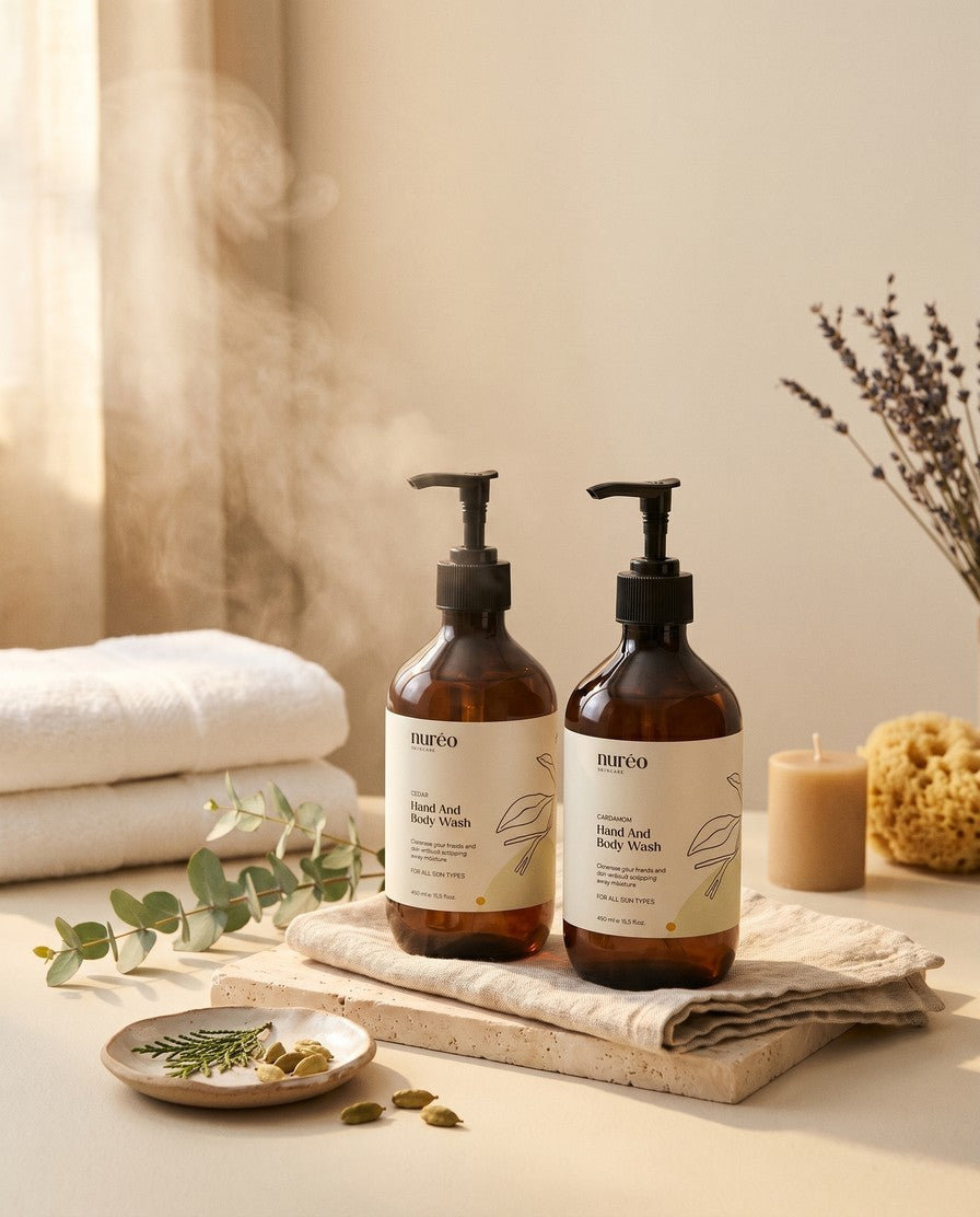 Cedar + Cardamom Ritual bundle hero — two bottles on linen with eucalyptus and ceramic dish
