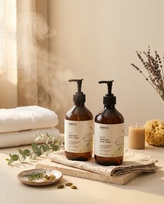 Cedar + Cardamom Ritual bundle hero — two bottles on linen with eucalyptus and ceramic dish