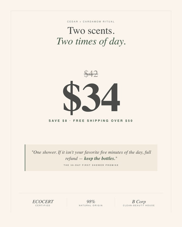 $42 retail · $34 bundled. Save $8. The 30-day First Shower Promise — keep the bottles.