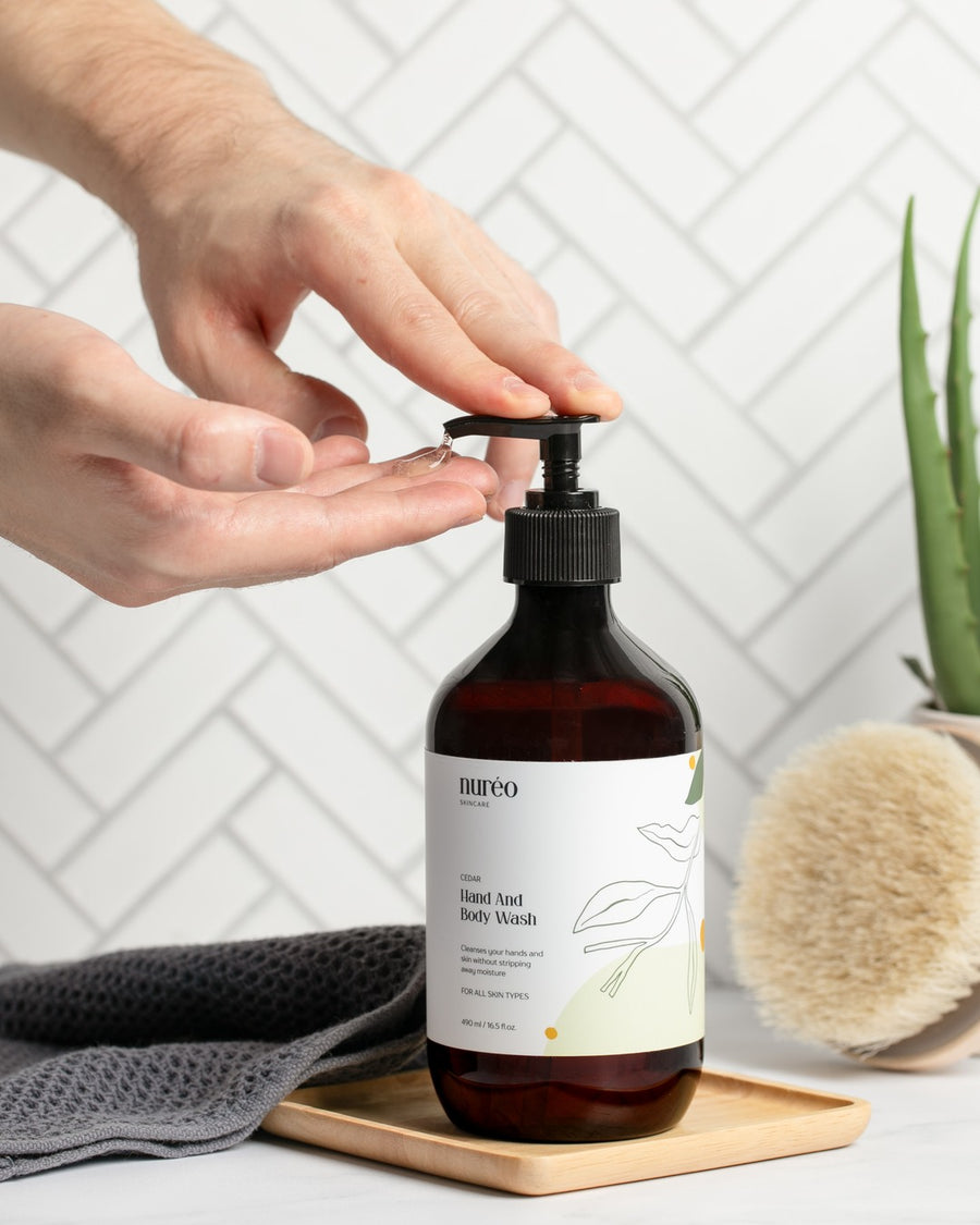 Cedar Hand & Body Wash being dispensed into a hand