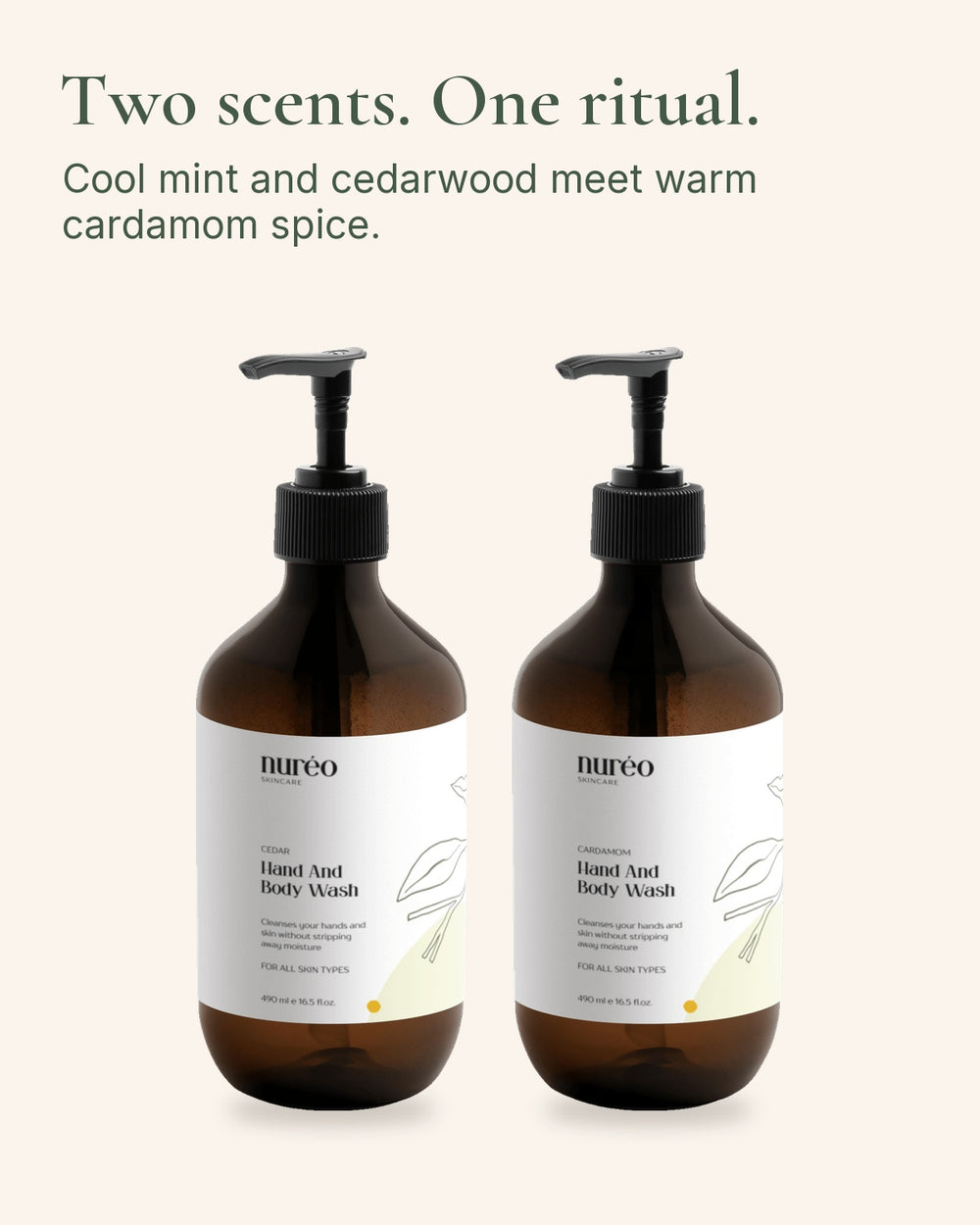 nureo Cedar and Cardamom Hand and Body Wash bundle, two amber pump bottles on warm golden studio background
