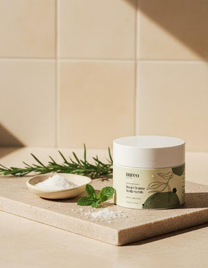 nureo Rosemary Mint Scalp Scrub on stone with rosemary and sea salt