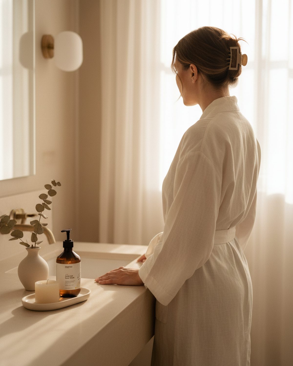Woman in white robe at morning vanity in soft window light, nuréo body wash on the counter
