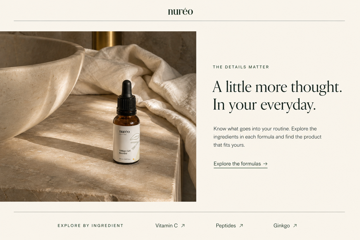 Styled scene featuring nuréo Ginkgo Gel Booster beside a stone sink and linen